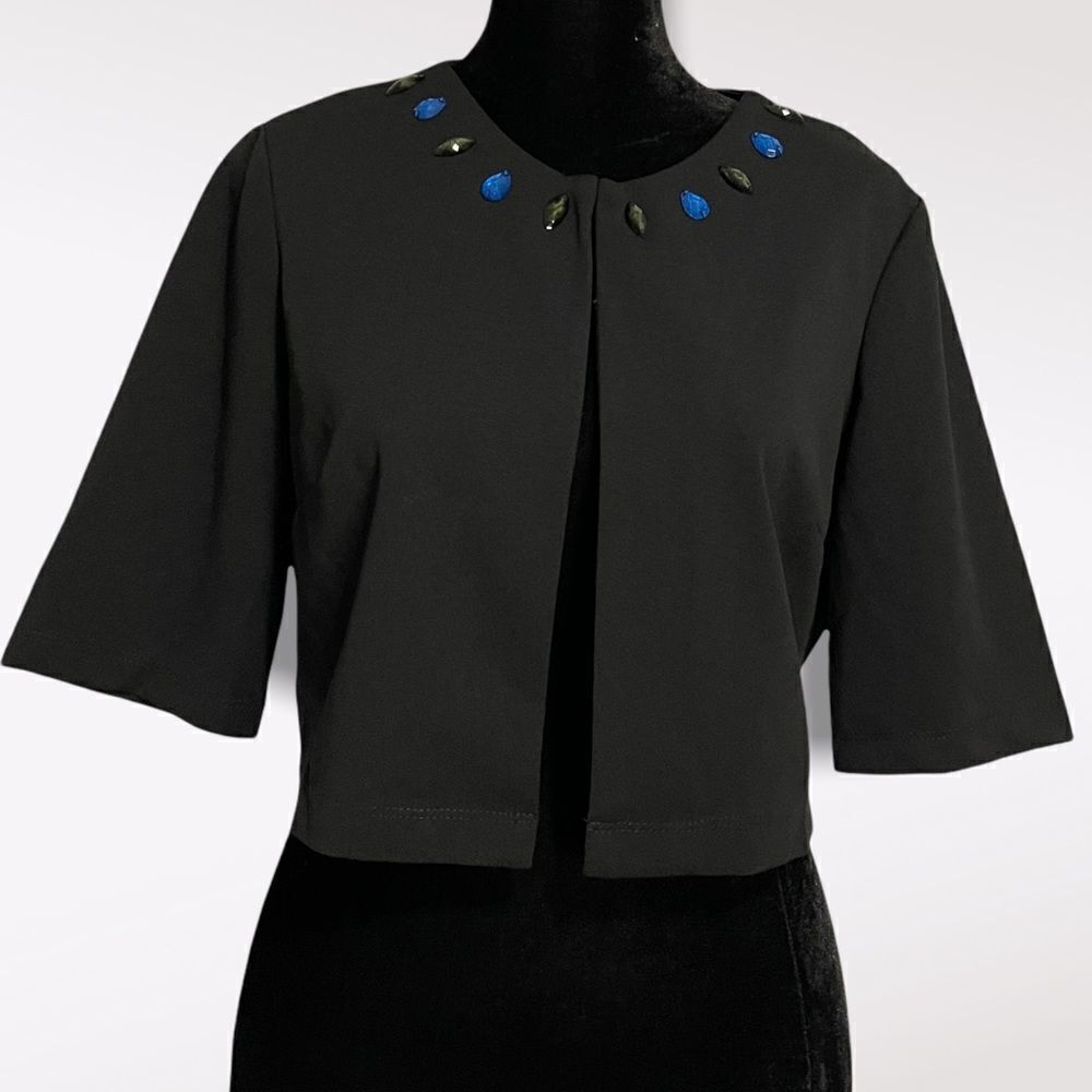 Perceptions Cropped Blazer Jacket Womens Medium Petite Black Beaded Neckline Top
